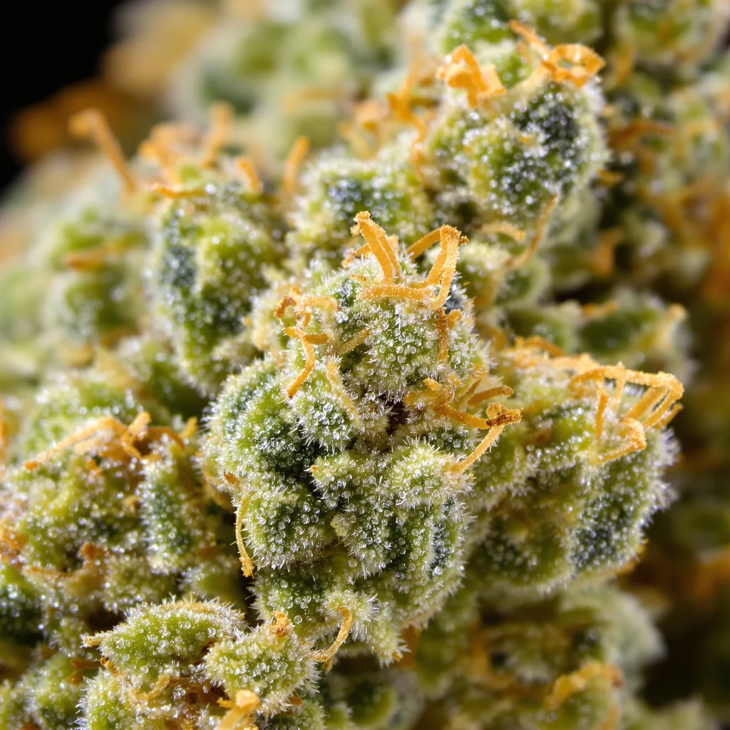 Coffee cannabis bud close-up showing lime-green airy structure