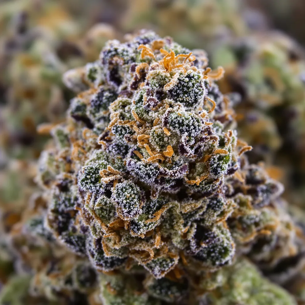 Cold War Kush cannabis bud close-up showing dense purple-tinged calyxes