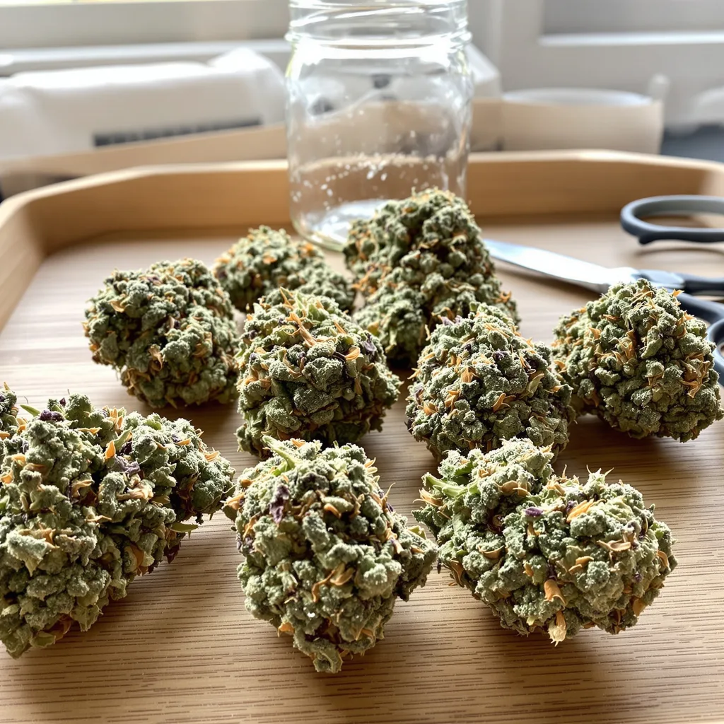 Cookie Breath 42% indica / 58% sativa flower with visible trichomes