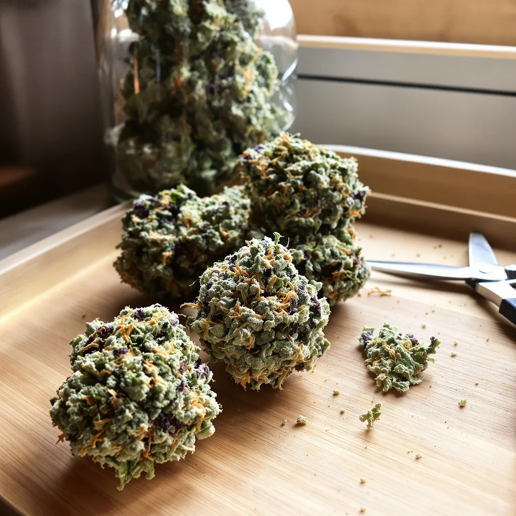 Corkscrew 57% indica / 43% sativa flower with visible trichomes