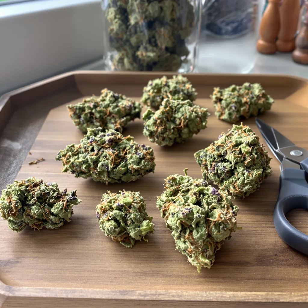 Corkscrew 57% indica / 43% sativa flower with visible trichomes