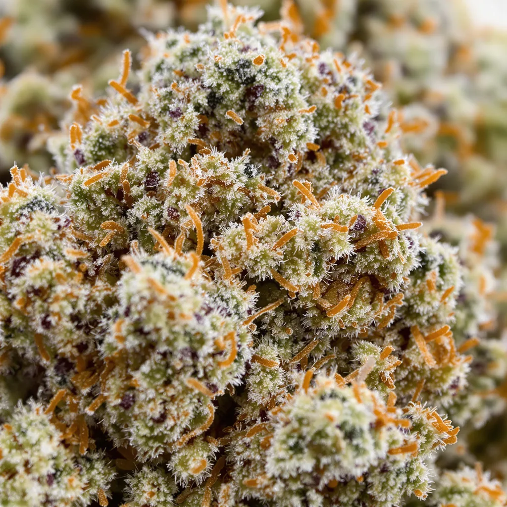 Corkscrew cannabis bud close-up showing balanced bud structure with frosted trichomes