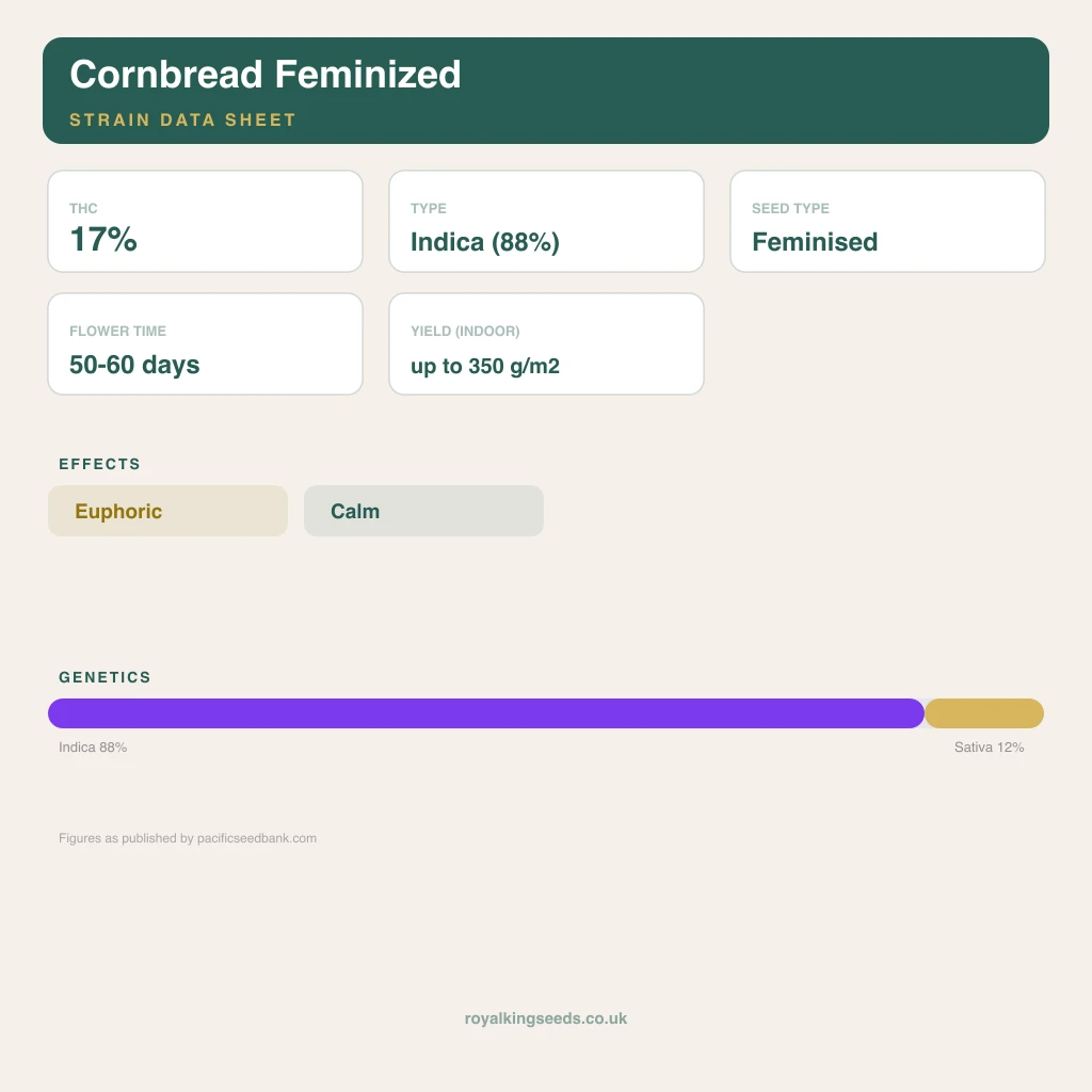 Cornbread 88% indica / 12% sativa flower with visible trichomes