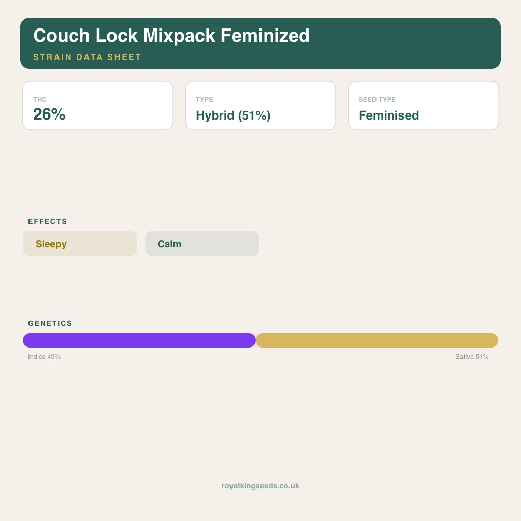 Couch Lock Mixpack 49% indica / 51% sativa flower with visible trichomes