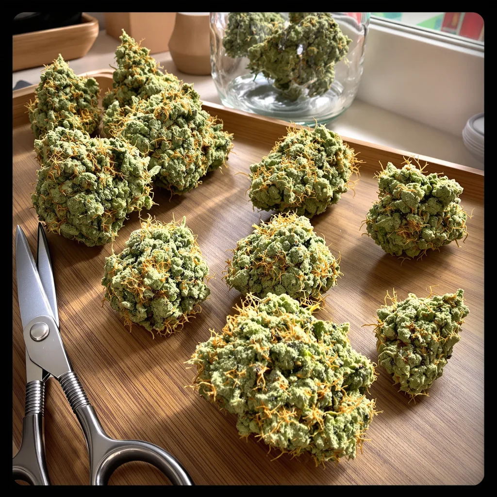 Cramnesia 19% indica / 81% sativa flower with visible trichomes