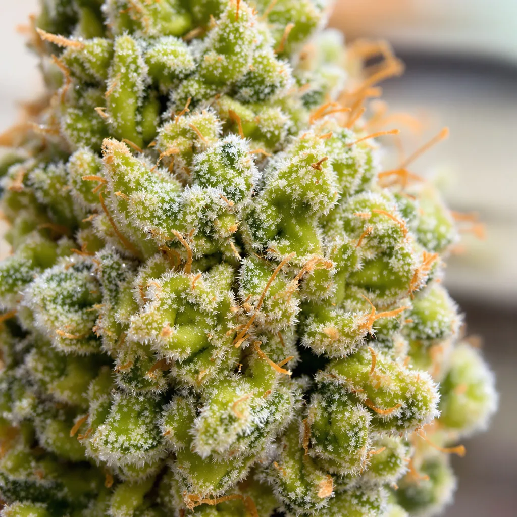 Cramnesia cannabis bud close-up showing lime-green airy structure