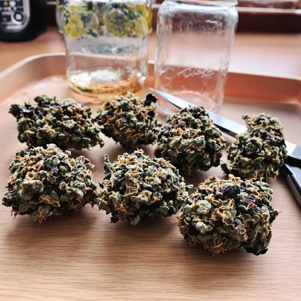 Cream 76% indica / 24% sativa flower with visible trichomes