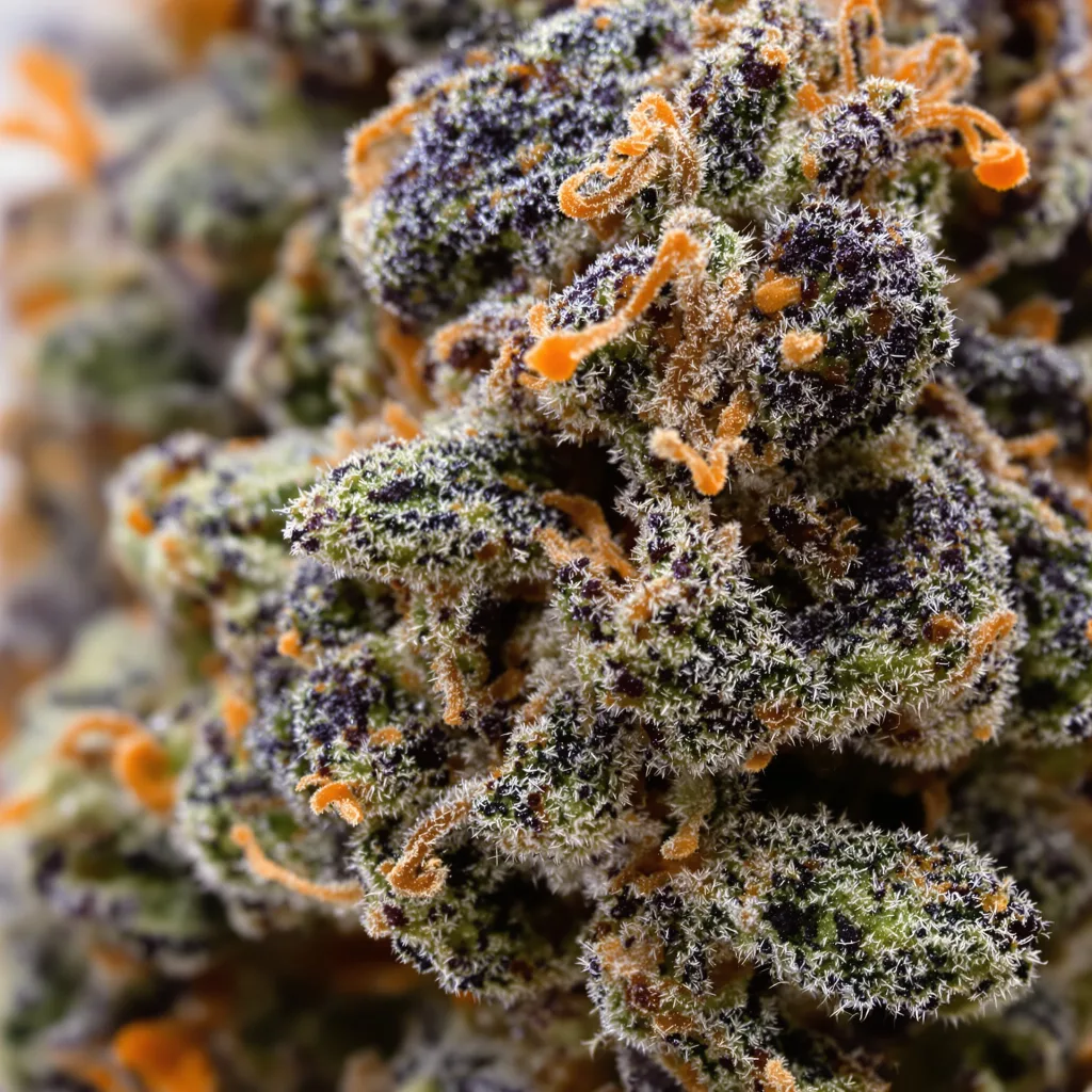 Cream Caramel cannabis bud close-up showing dense purple-tinged calyxes