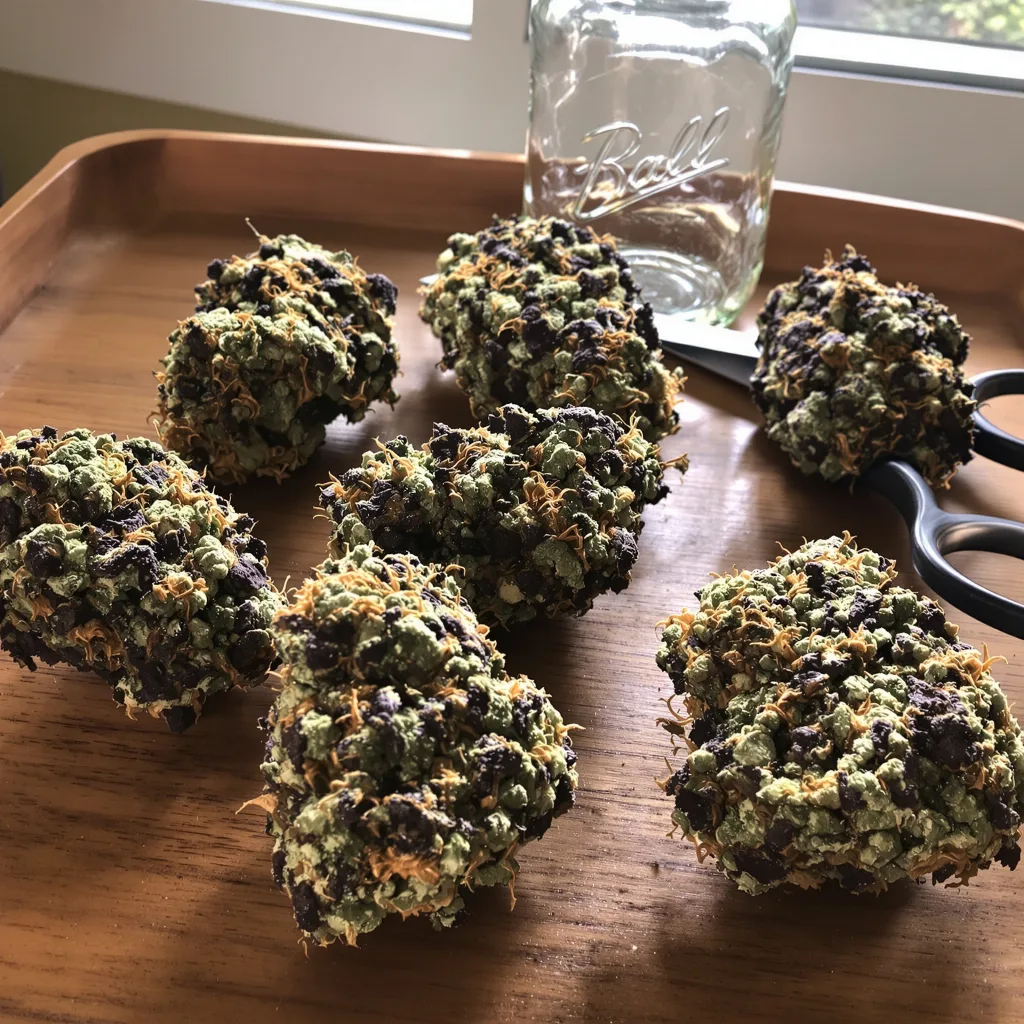 Cream 76% indica / 24% sativa flower with visible trichomes