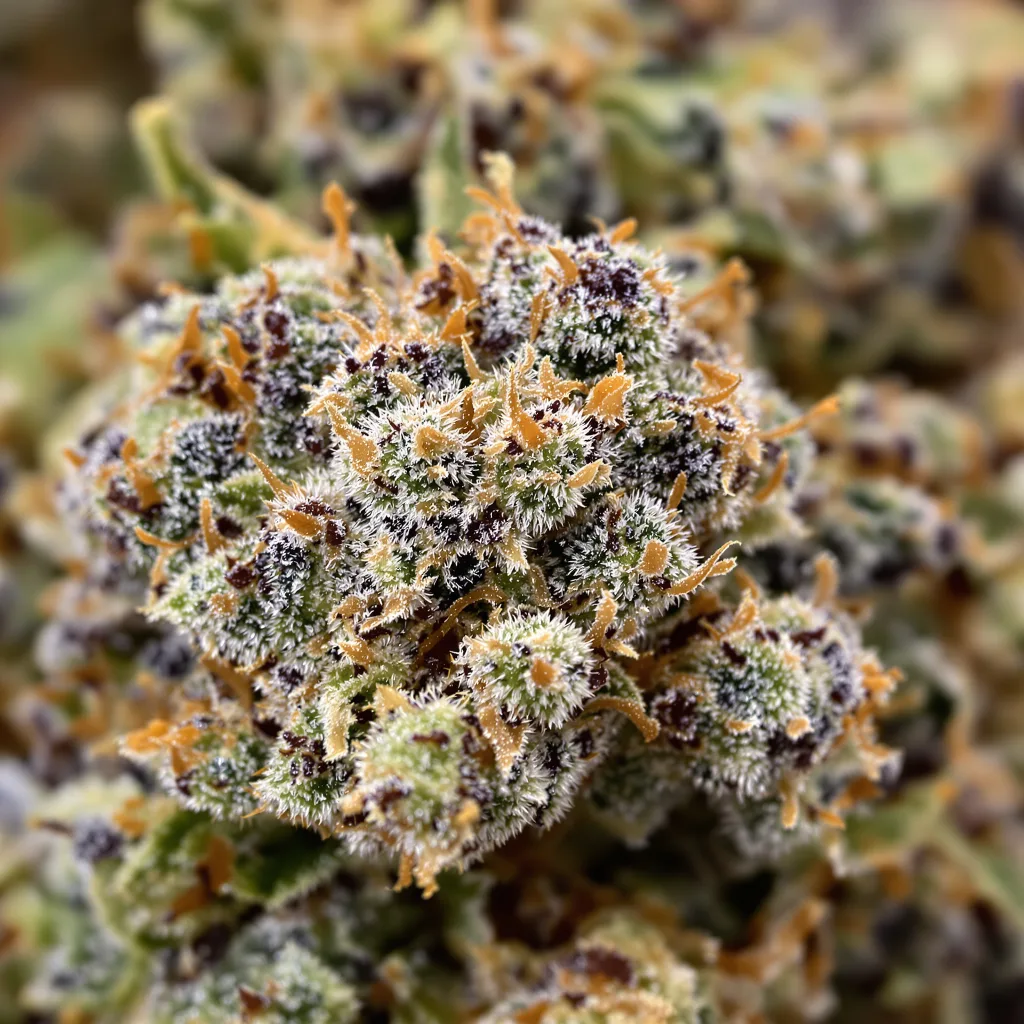 Cream cannabis bud close-up showing dense purple-tinged calyxes