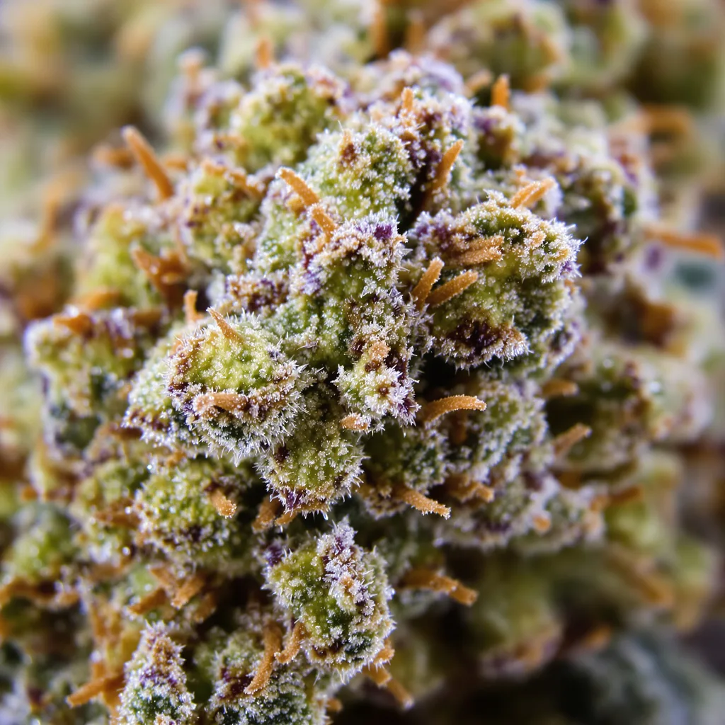Critical Plus cannabis bud close-up showing dense forest-green nugs