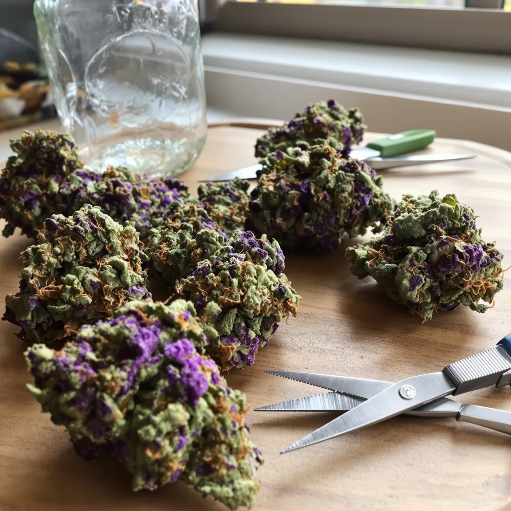 Critical Purple 70% indica / 30% sativa flower with visible trichomes