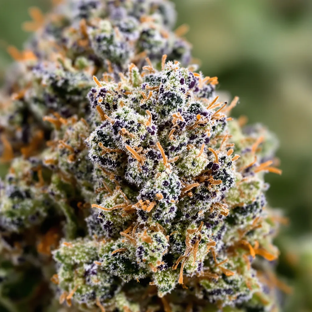 Crosswalker cannabis bud close-up showing dense purple-tinged calyxes