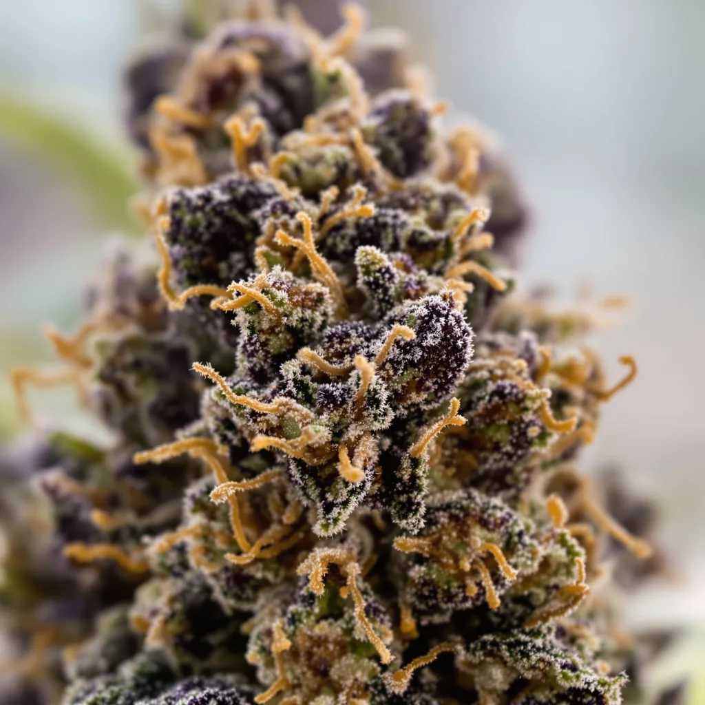 Crown OG cannabis bud close-up showing dense purple-tinged calyxes