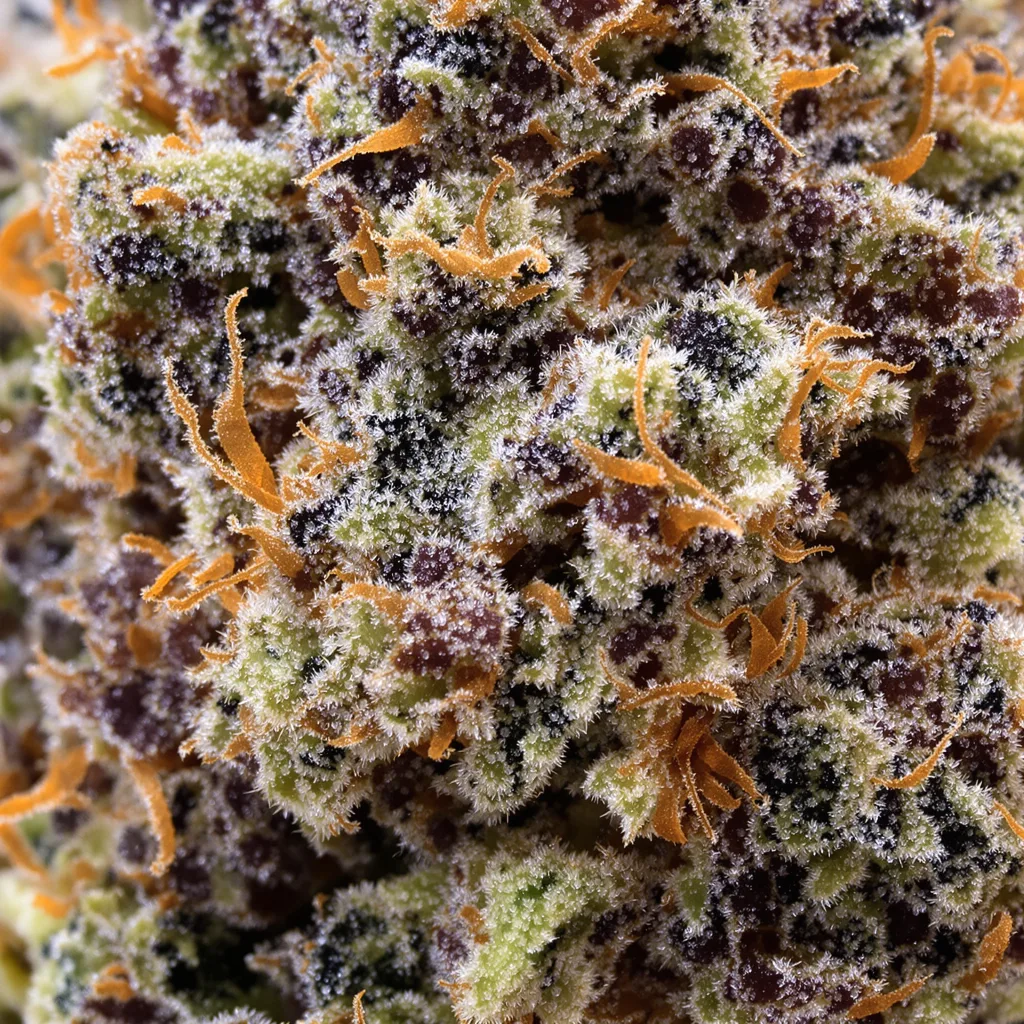 Crown Royale cannabis bud close-up showing dense purple-tinged calyxes