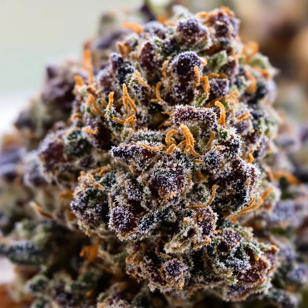 Crown Royale cannabis bud close-up showing dense purple-tinged calyxes