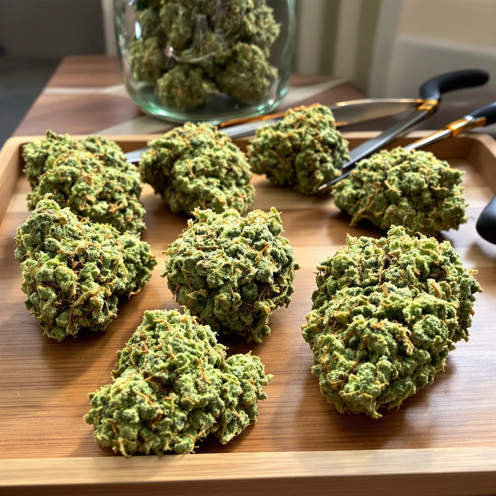 Crystal Coma 18% indica / 82% sativa flower with visible trichomes