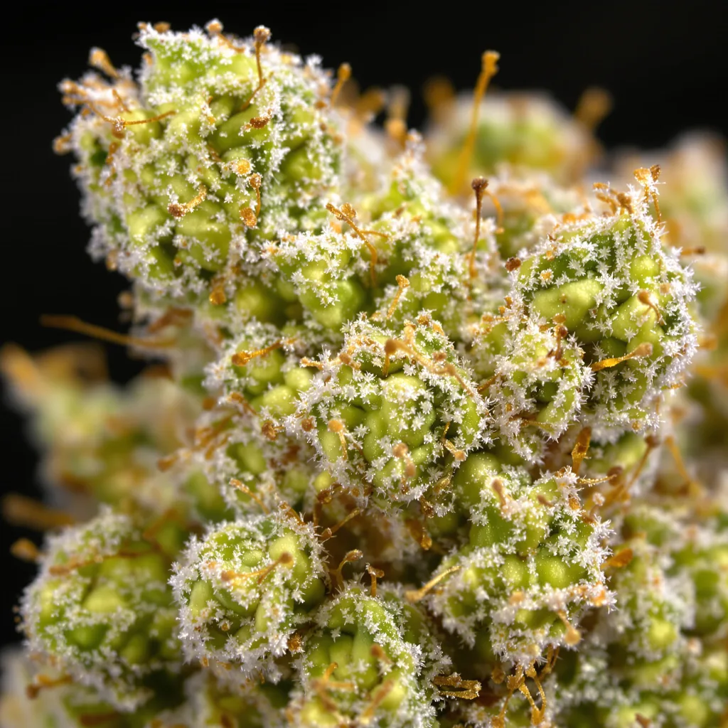 Crystal Coma cannabis bud close-up showing lime-green airy structure