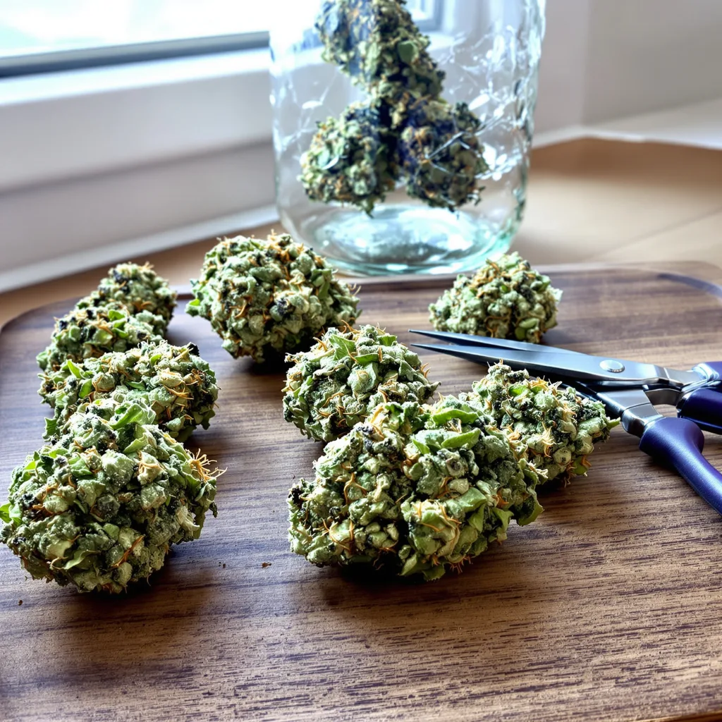 Crystal Coma 18% indica / 82% sativa flower with visible trichomes