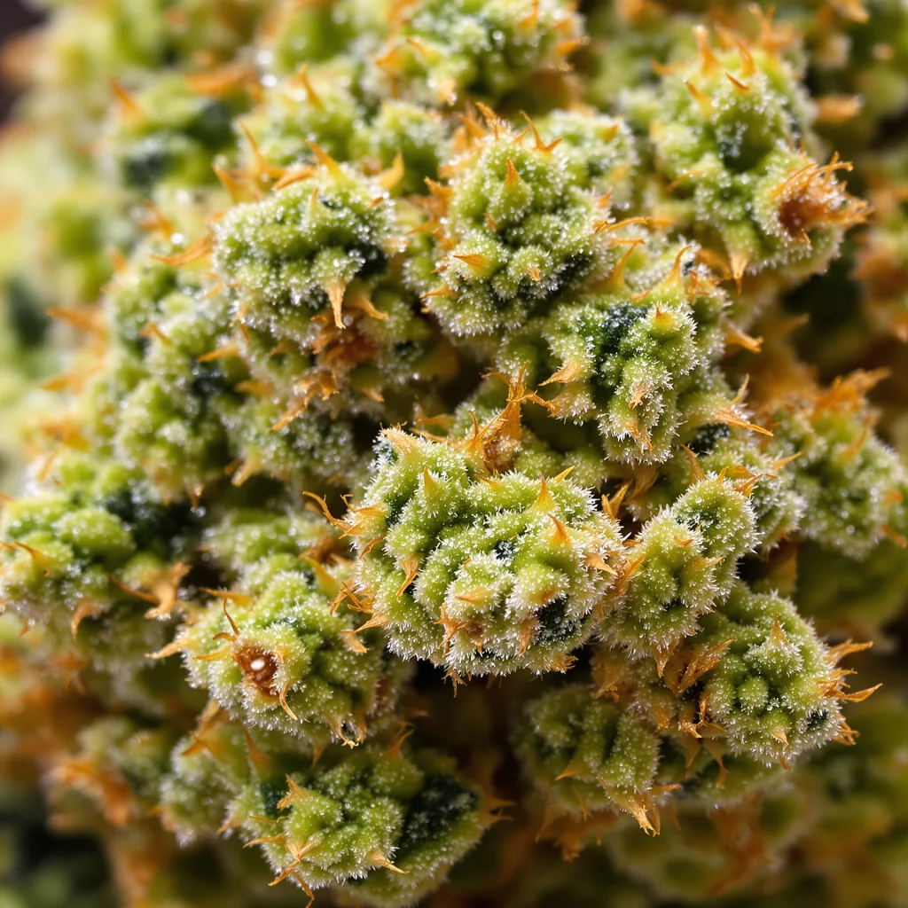 Crystal Coma cannabis bud close-up showing lime-green airy structure