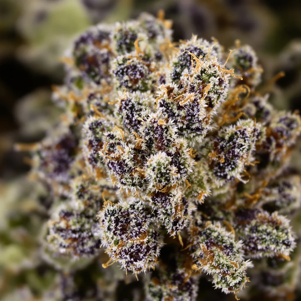 Crystal cannabis bud close-up showing dense purple-tinged calyxes