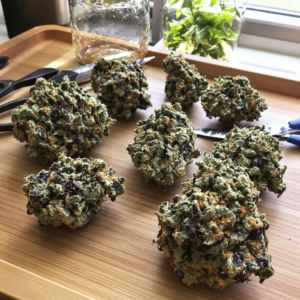 Cuvee 79% indica / 21% sativa flower with visible trichomes