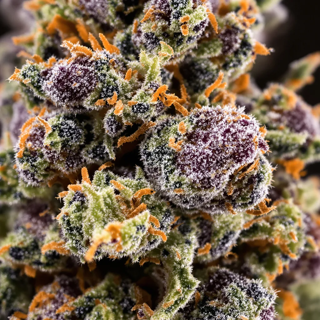 Dairy Queen cannabis bud close-up showing dense purple-tinged calyxes