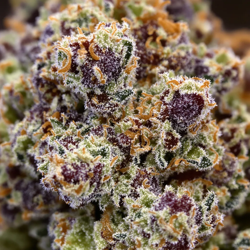 Dairy Queen cannabis bud close-up showing dense purple-tinged calyxes