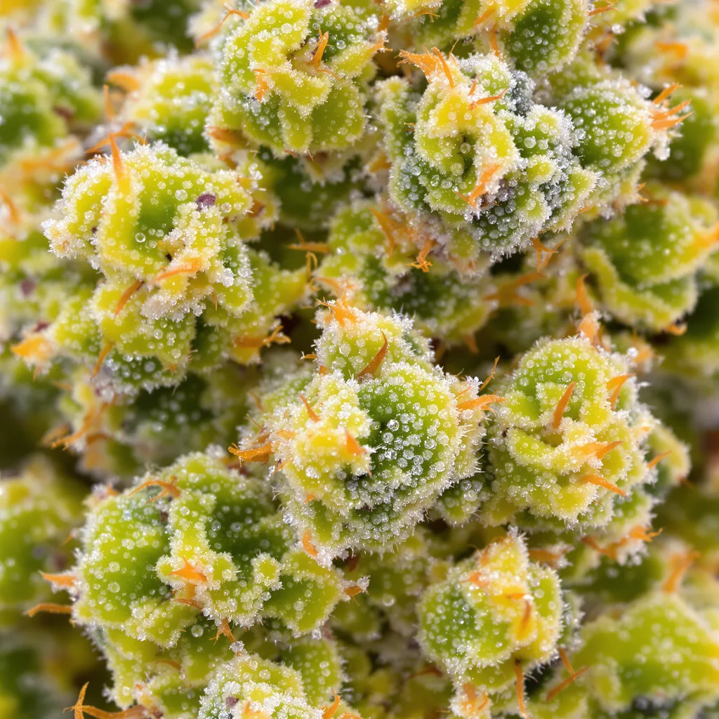 Damnesia cannabis bud close-up showing lime-green airy structure