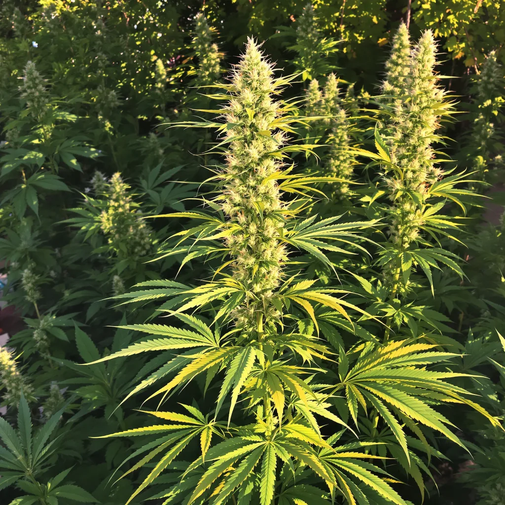 Damnesia 16% indica / 84% sativa flower with visible trichomes