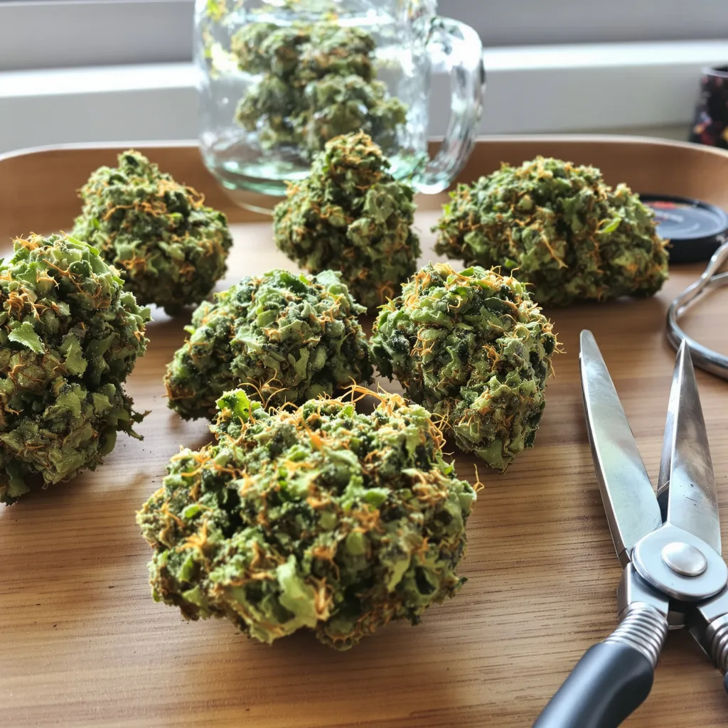 Damnesia 16% indica / 84% sativa flower with visible trichomes