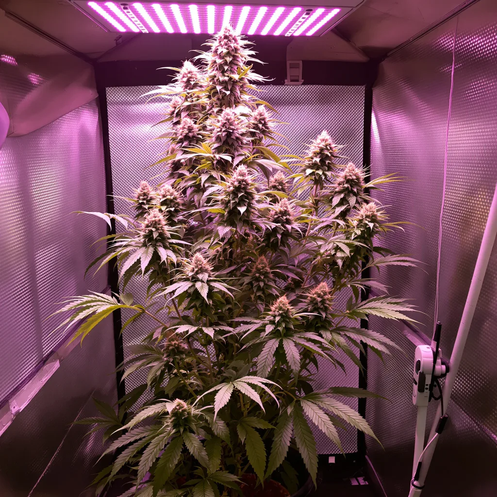 Damnesia 16% indica / 84% sativa flower with visible trichomes