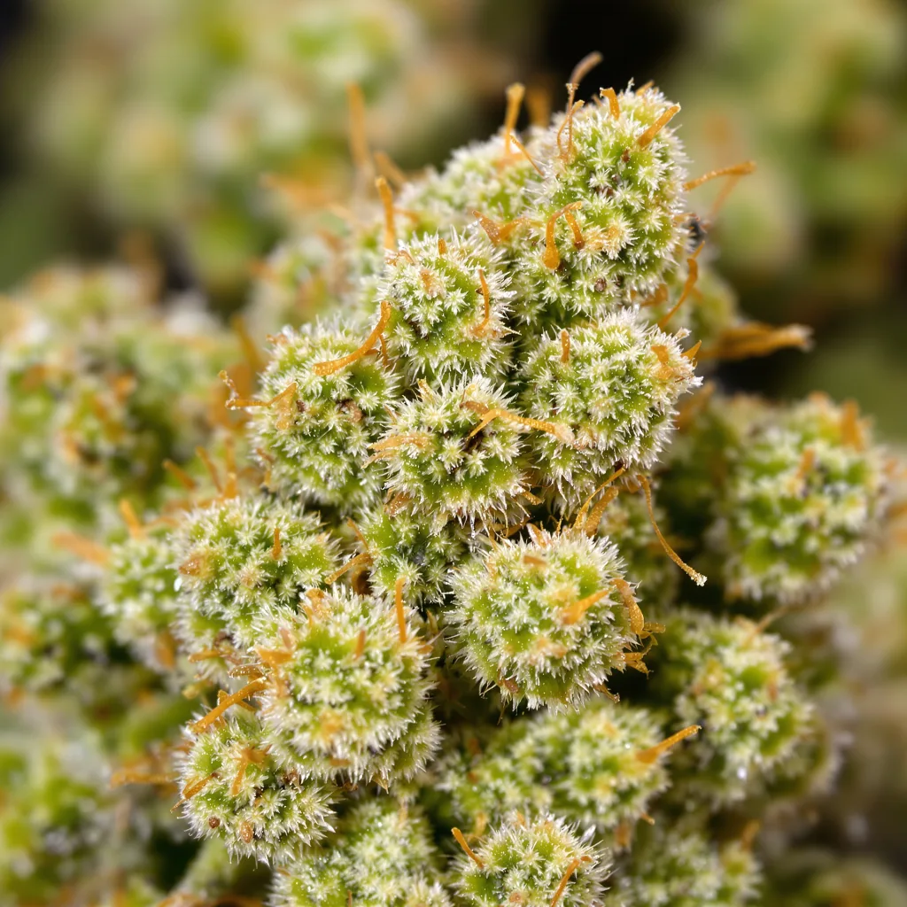 Damnesia cannabis bud close-up showing lime-green airy structure