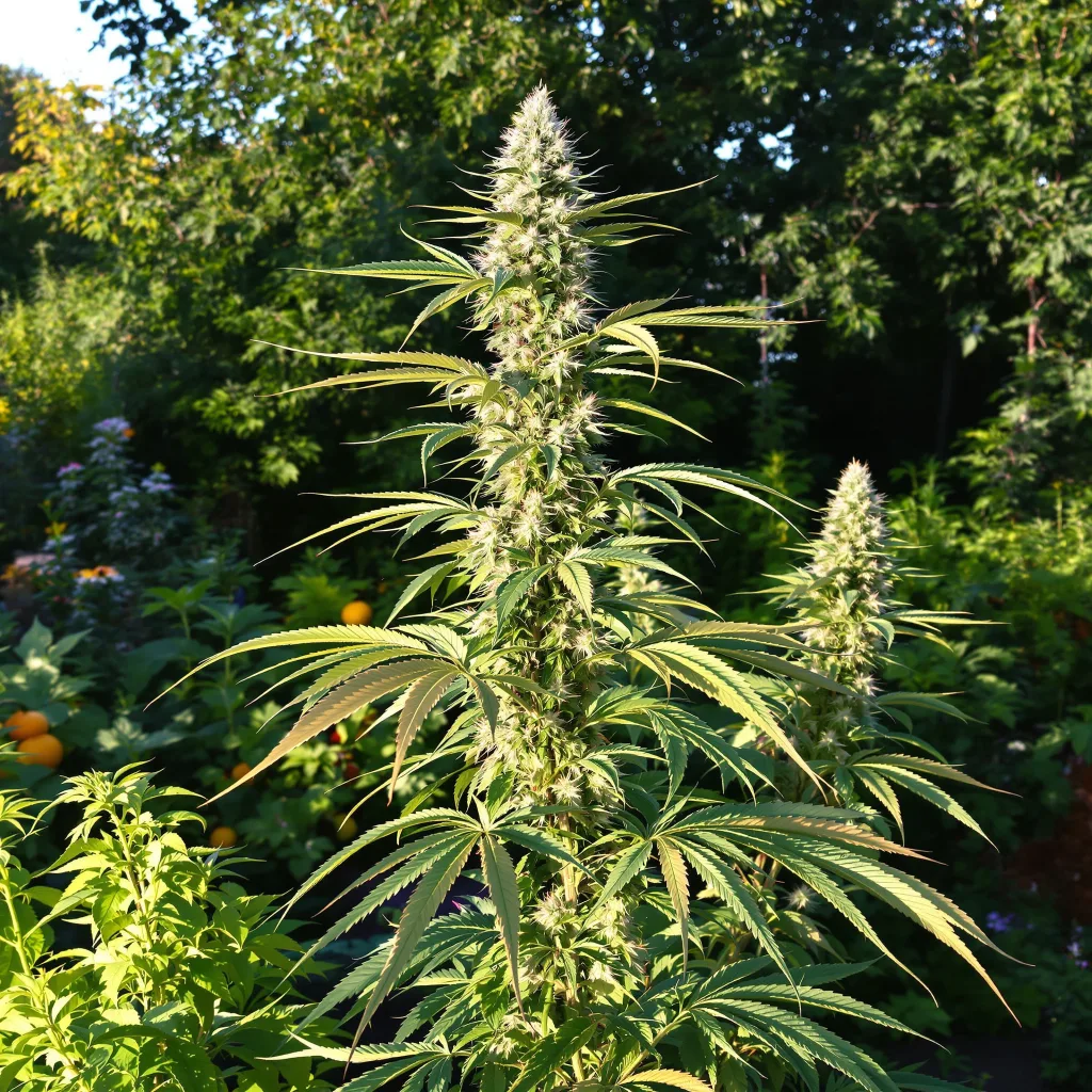 Damnesia 16% indica / 84% sativa flower with visible trichomes