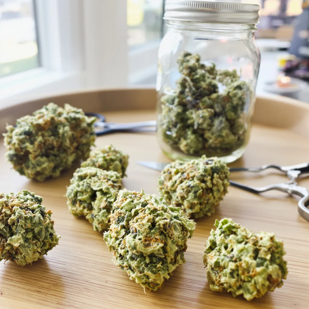 Dance World CBD 57% indica / 43% sativa flower with visible trichomes