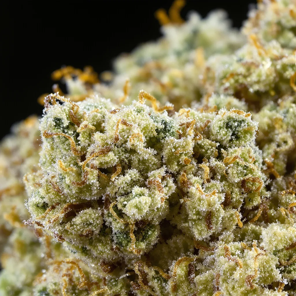 Dancehall CBD cannabis bud close-up showing pale-green low-resin flower