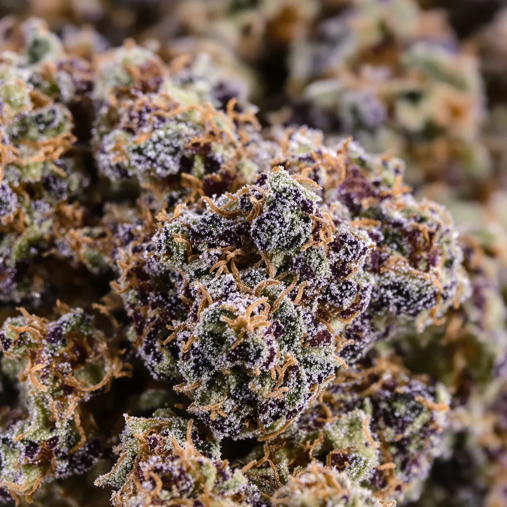 Dank Schrader cannabis bud close-up showing dense purple-tinged calyxes