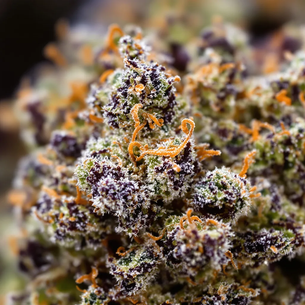 Darth Vader cannabis bud close-up showing dense purple-tinged calyxes