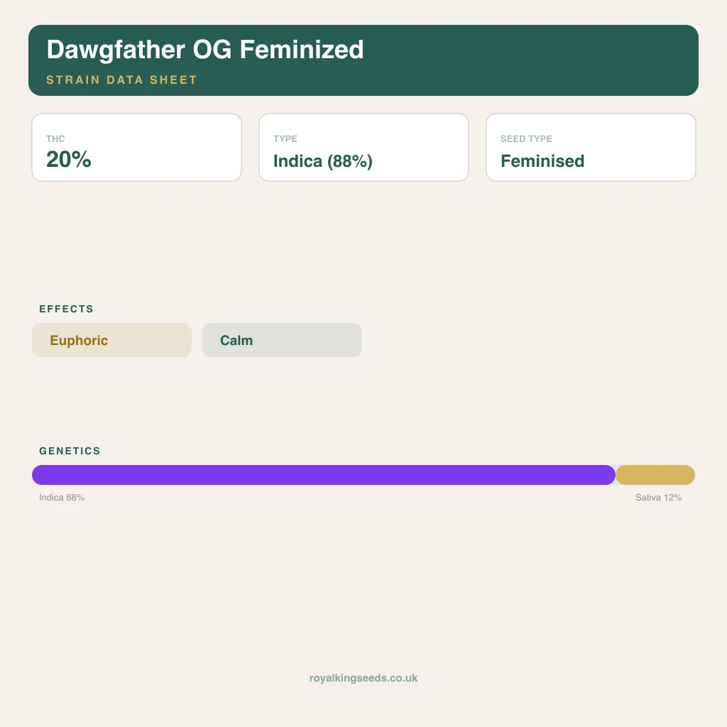 Dawgfather OG 88% indica / 12% sativa flower with visible trichomes