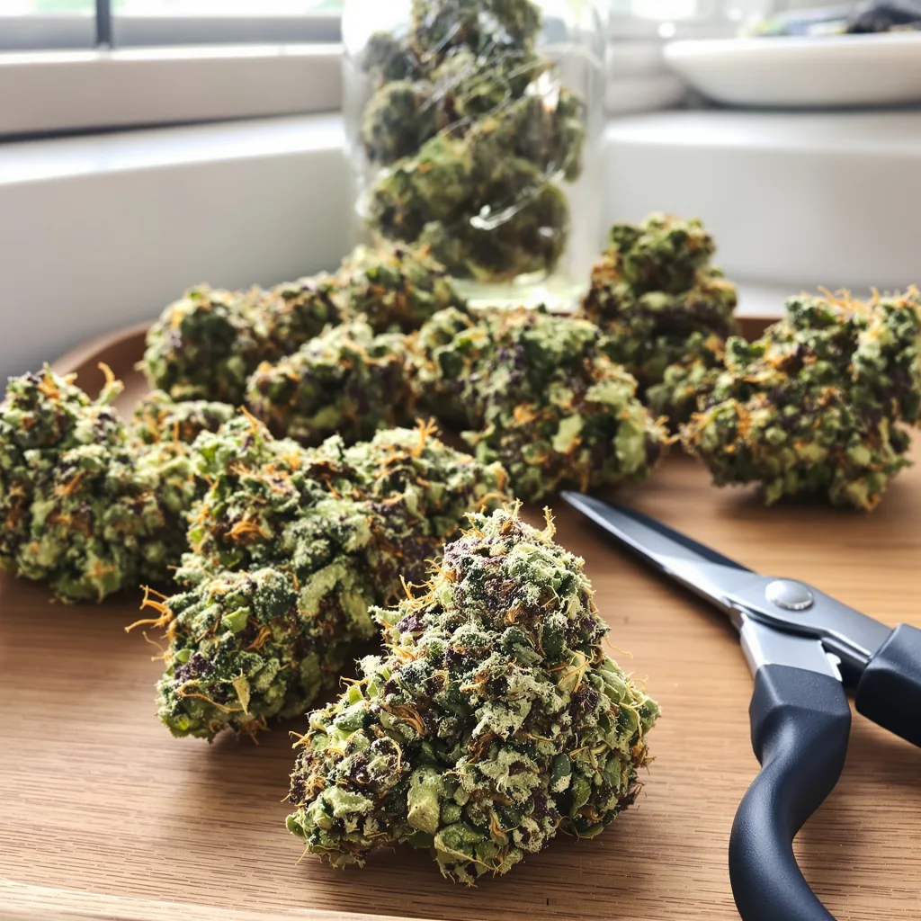 Deadhead OG 40% indica / 60% sativa flower with visible trichomes