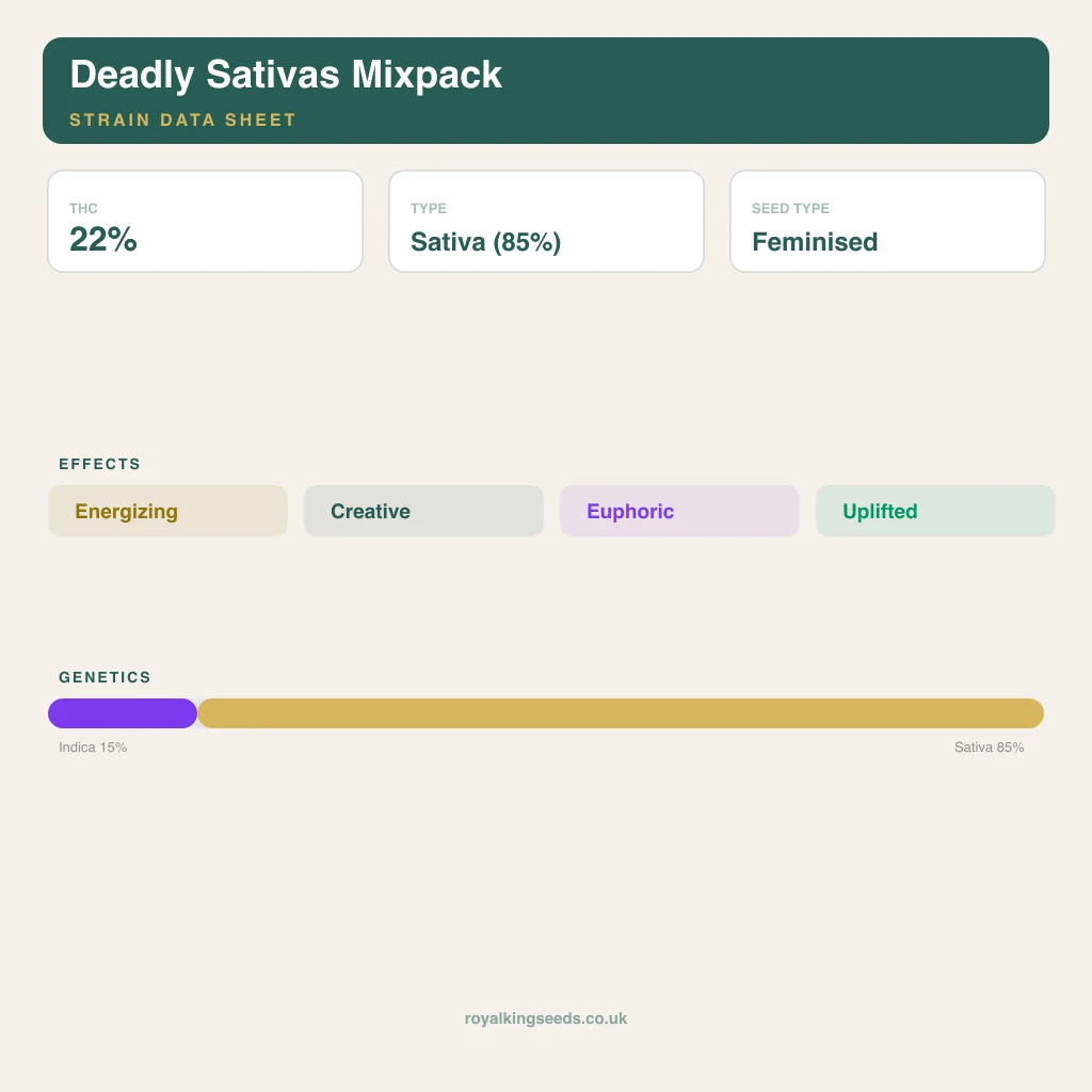 Deadly Sativas Mixpack 15% indica / 85% sativa flower with visible trichomes