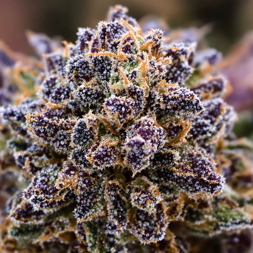 Deadwood cannabis bud close-up showing dense purple-tinged calyxes