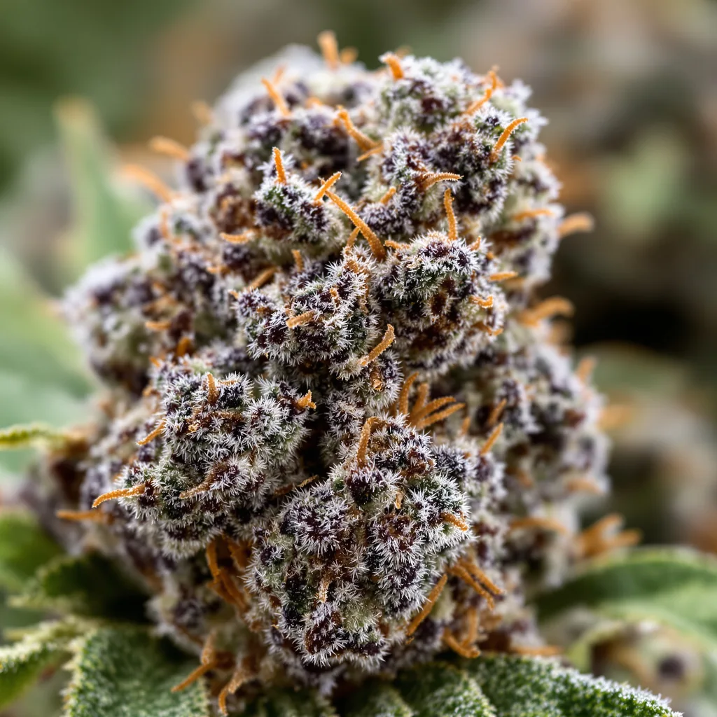 Deadwood cannabis bud close-up showing dense purple-tinged calyxes