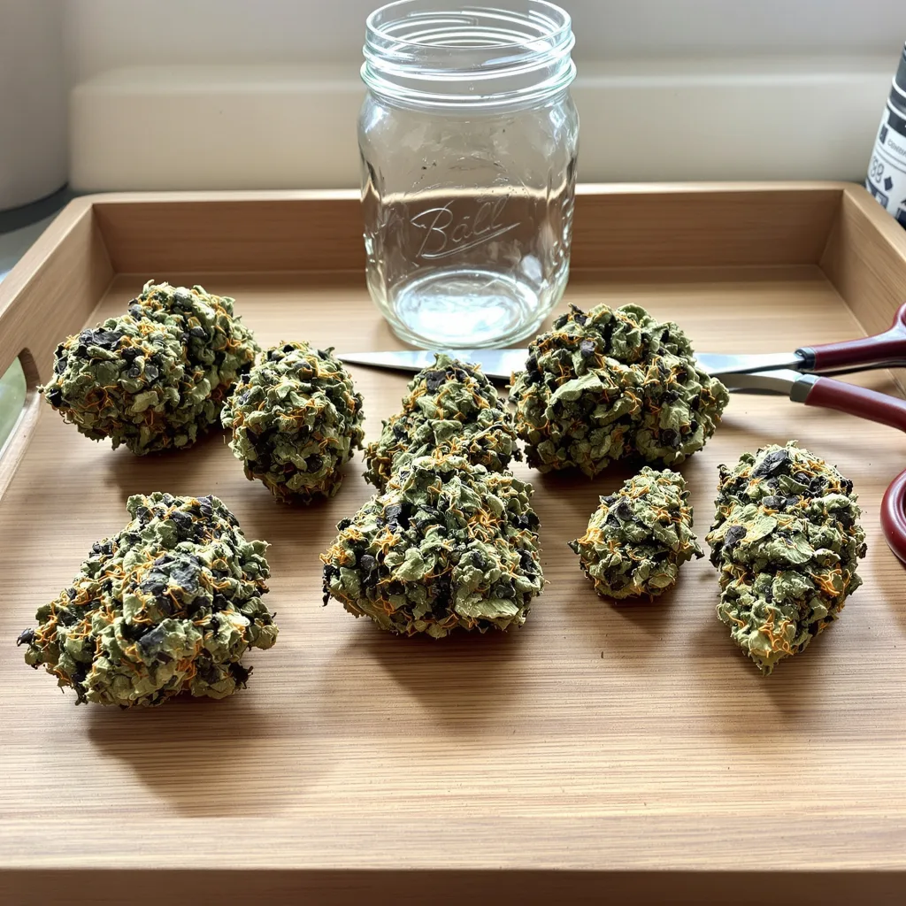 Death Bubba 70% indica / 30% sativa flower with visible trichomes