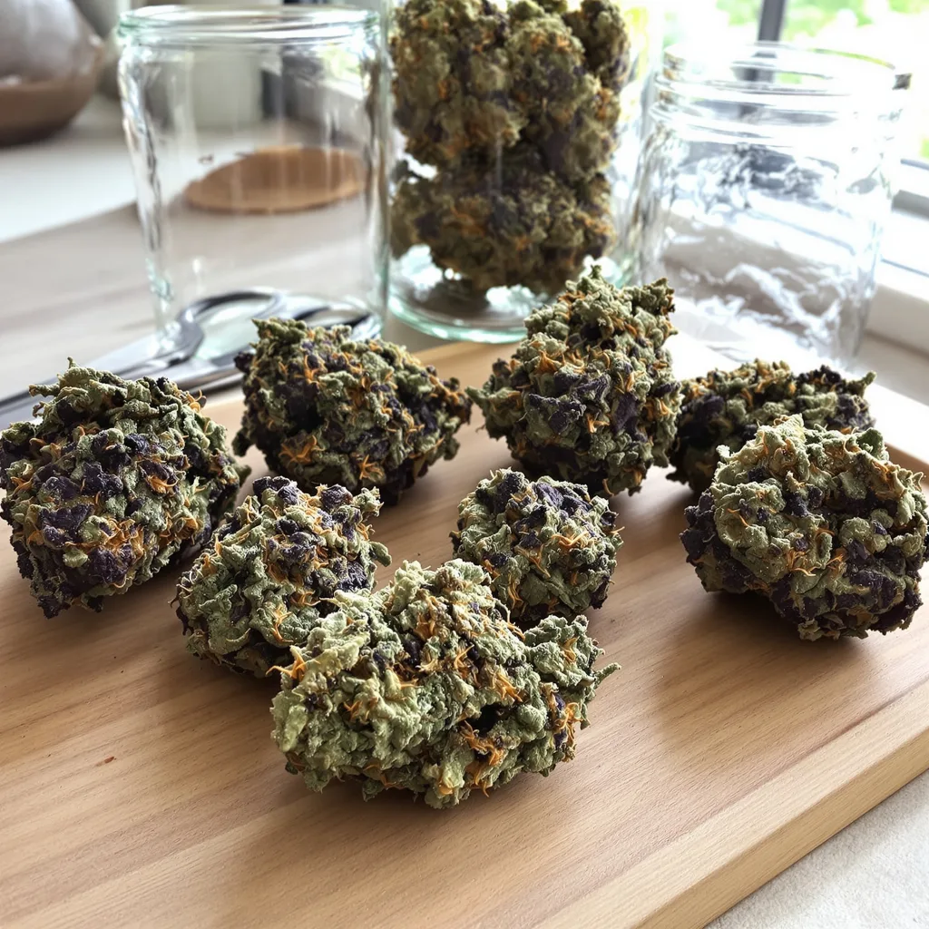 Deep Purple 70% indica / 20% sativa flower with visible trichomes