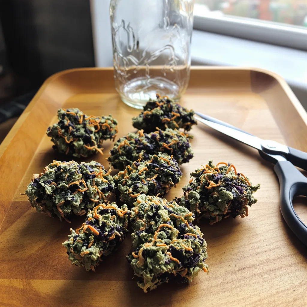 Deep Purple 70% indica / 20% sativa flower with visible trichomes