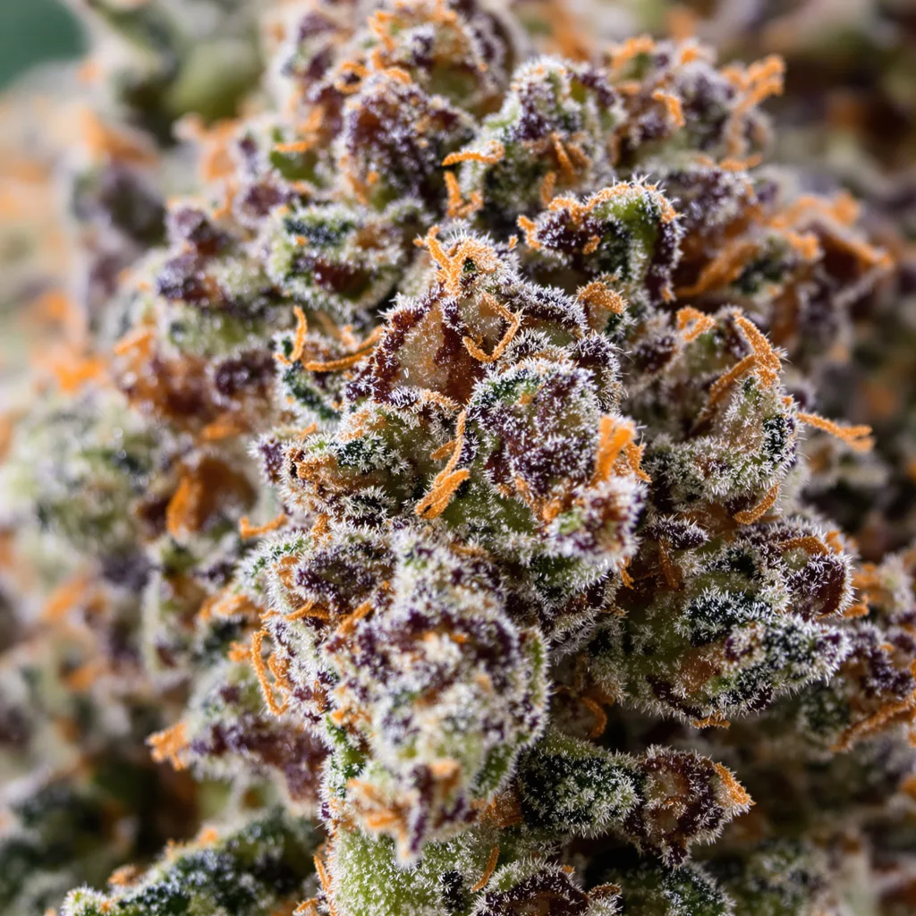 Deep Purple cannabis bud close-up showing dense purple-tinged calyxes