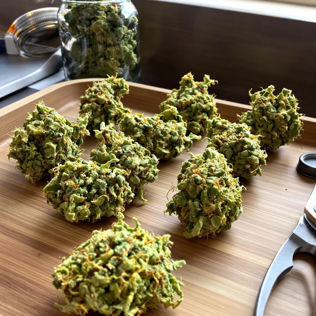 Diesel 6% indica / 94% sativa flower with visible trichomes