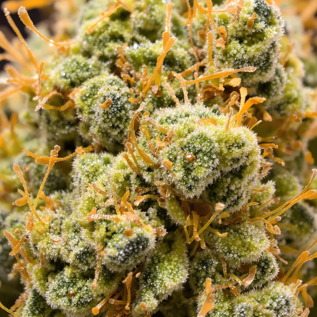 Diesel cannabis bud close-up showing lime-green airy structure