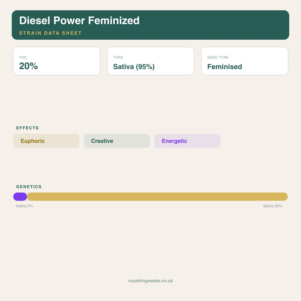 Diesel Power 5% indica / 95% sativa flower with visible trichomes